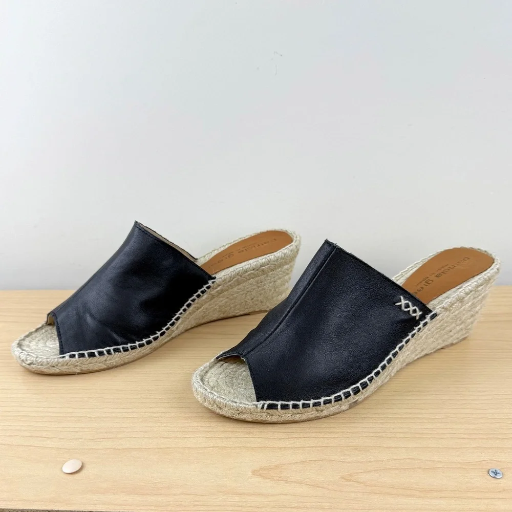 Patricia Green Espadrille Slides Black Leather Wedge (10)